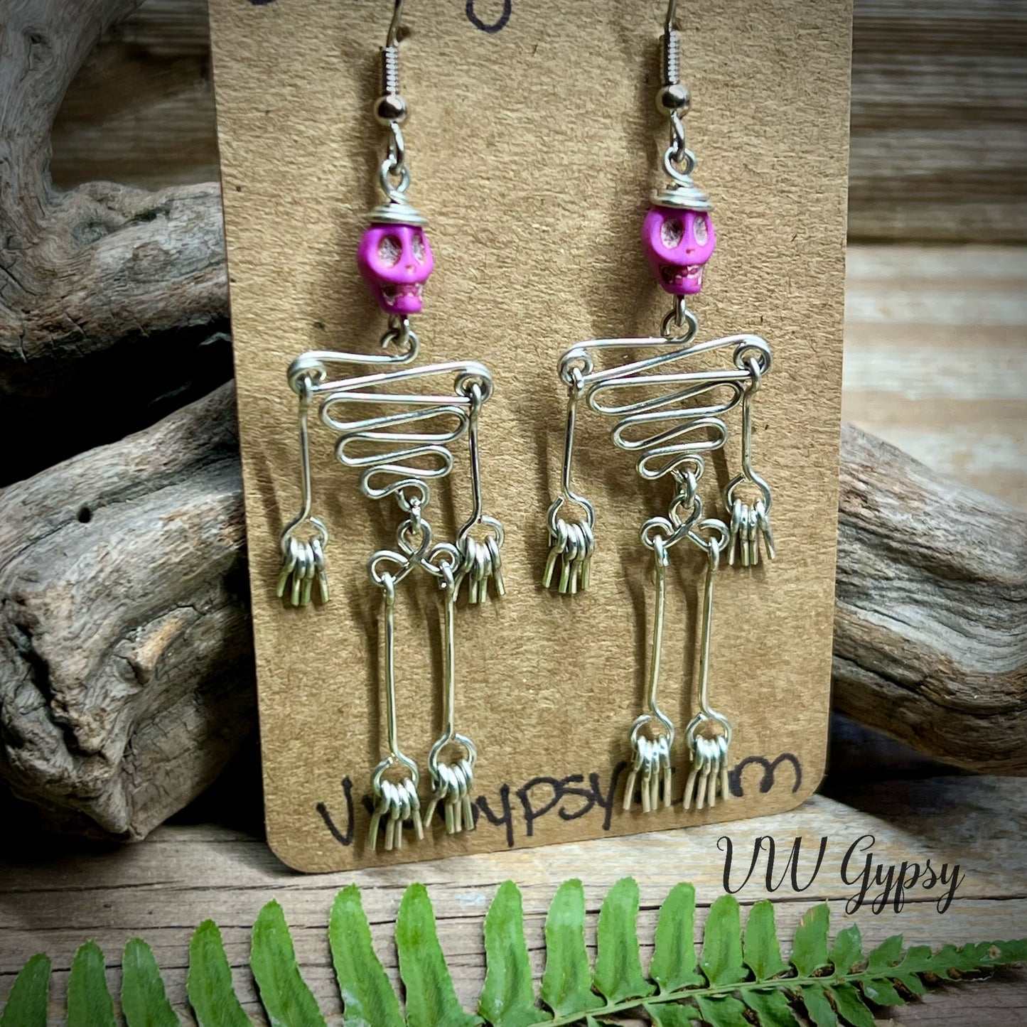 Dancing Skeleton Articulated Earrings Sterling Silver & Copper w Skull Beads