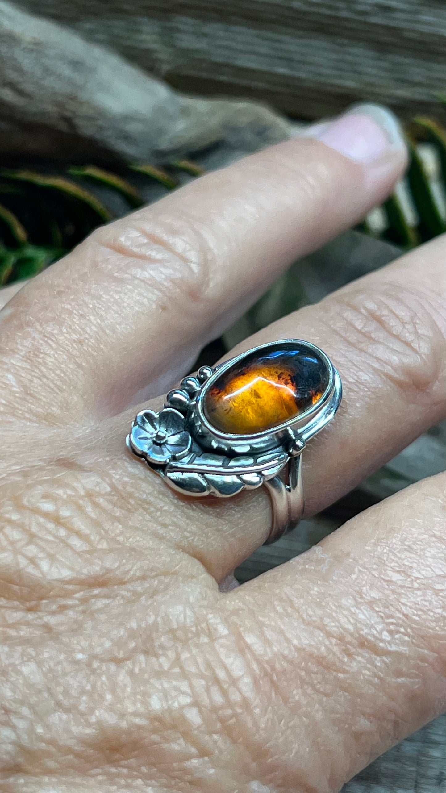 Amber Henna Sterling Silver Ring 7.5