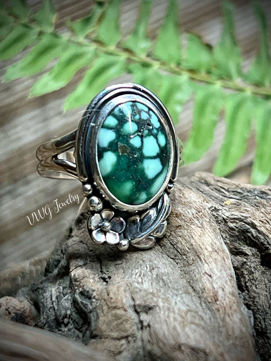 Turquoise Floral Sterling Silver Ring Size 7.5