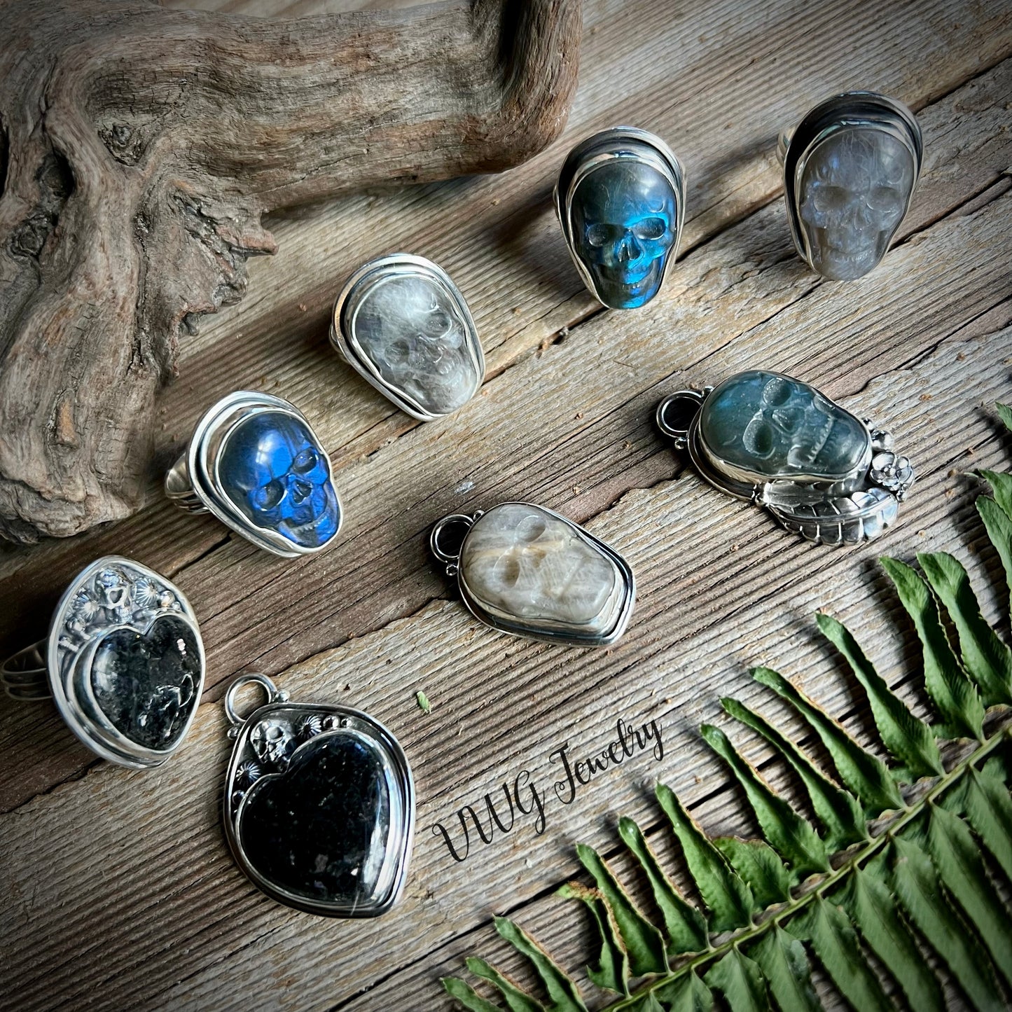 Nuummite Heart & Skull Sterling Ring 8.5