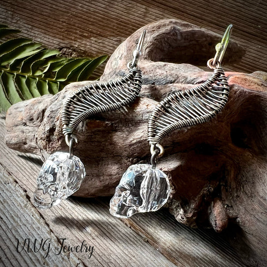 Crystal Skull & Wire Wrap Earrings .925