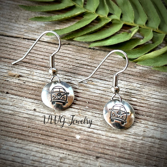 Hippy Love Bus Sterling Silver Hand Stamped Earrings