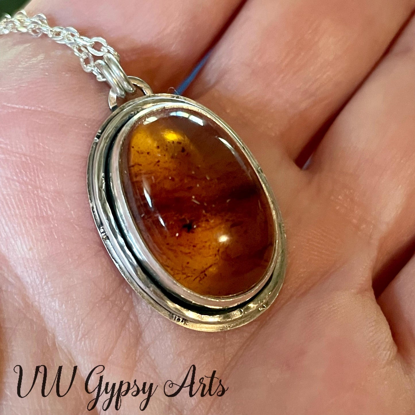 Golden Amber Sterling Silver Oval Pendant Handmade Chiapas Mexico Amber 925 Silver Necklace