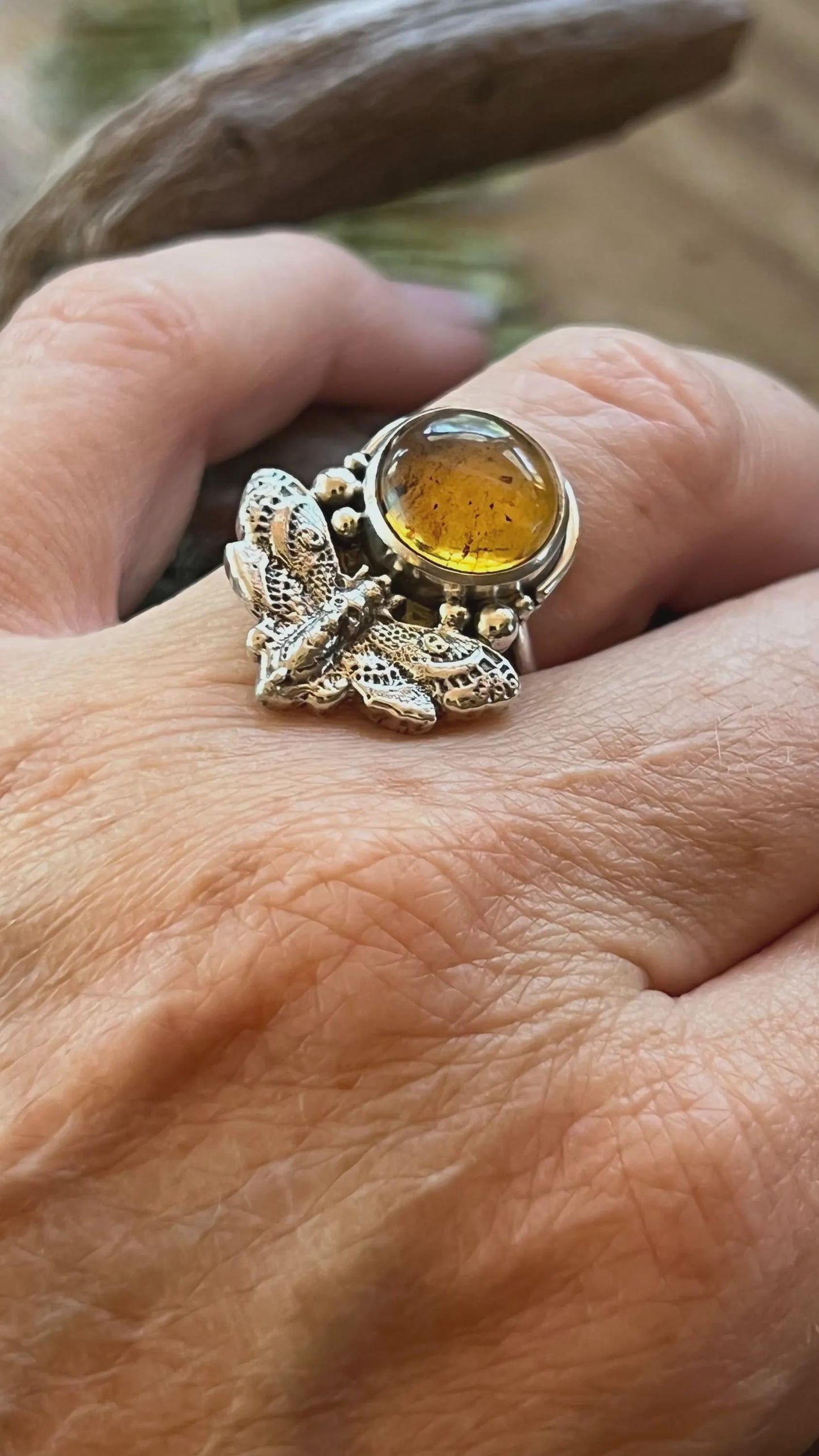 Hawk Moth Amber Sterling Silver Ring Size 7