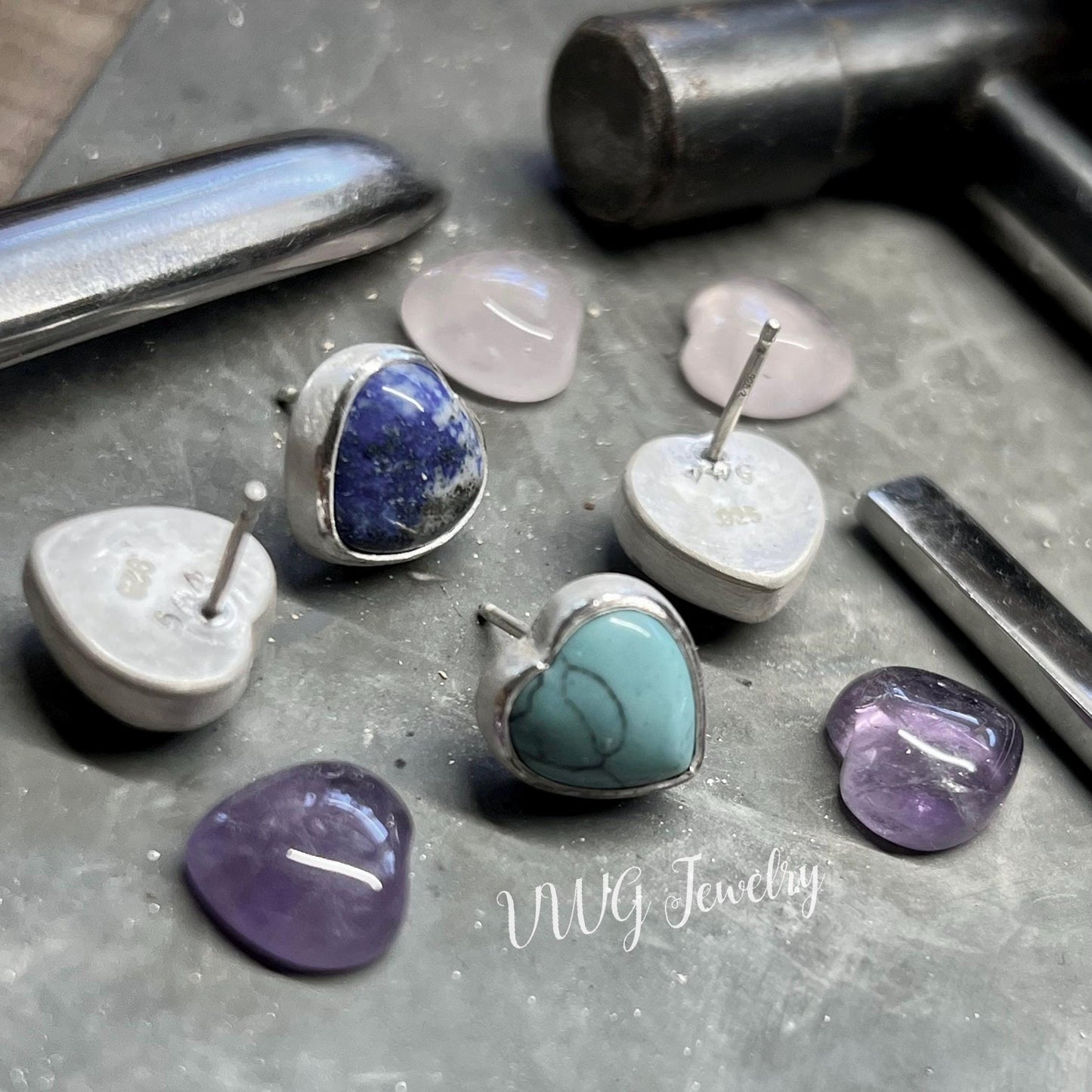 Turquoise Howlite Heart Earrings Handmade Sterling Silver Sweetheart Blue Howlite
