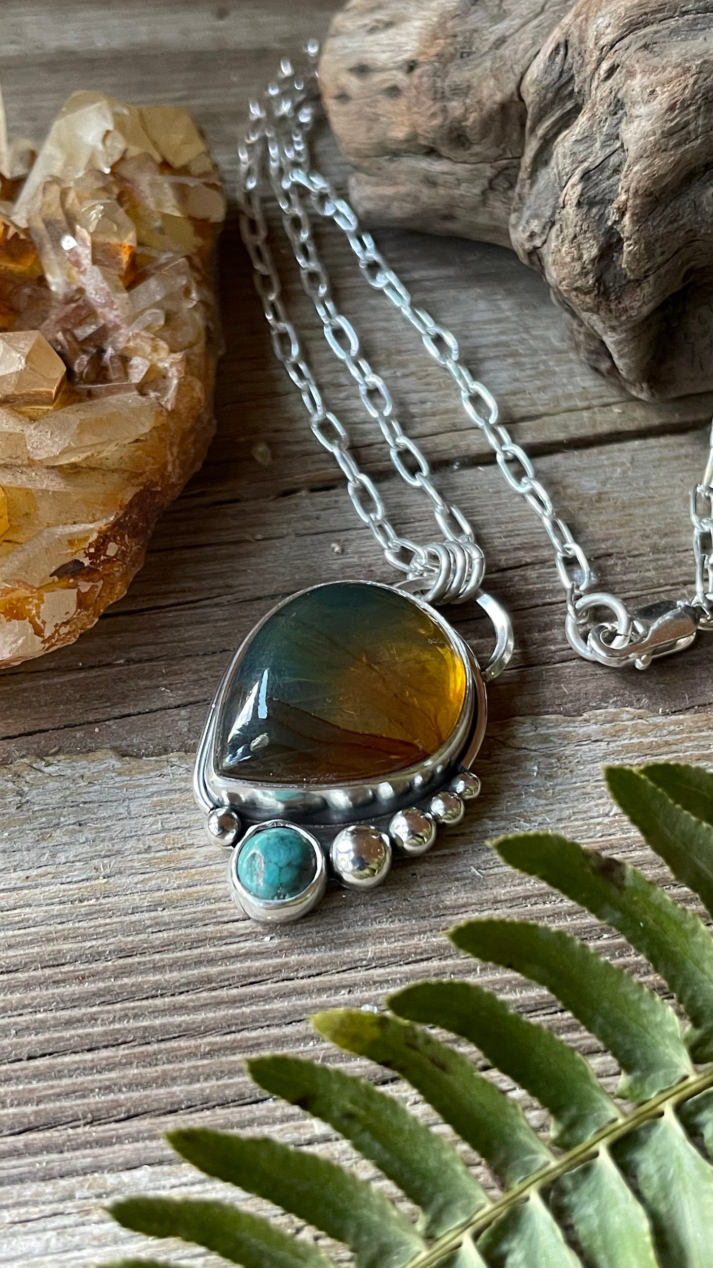 Amber & Turquoise Sterling Silver .925 Pendant Necklace