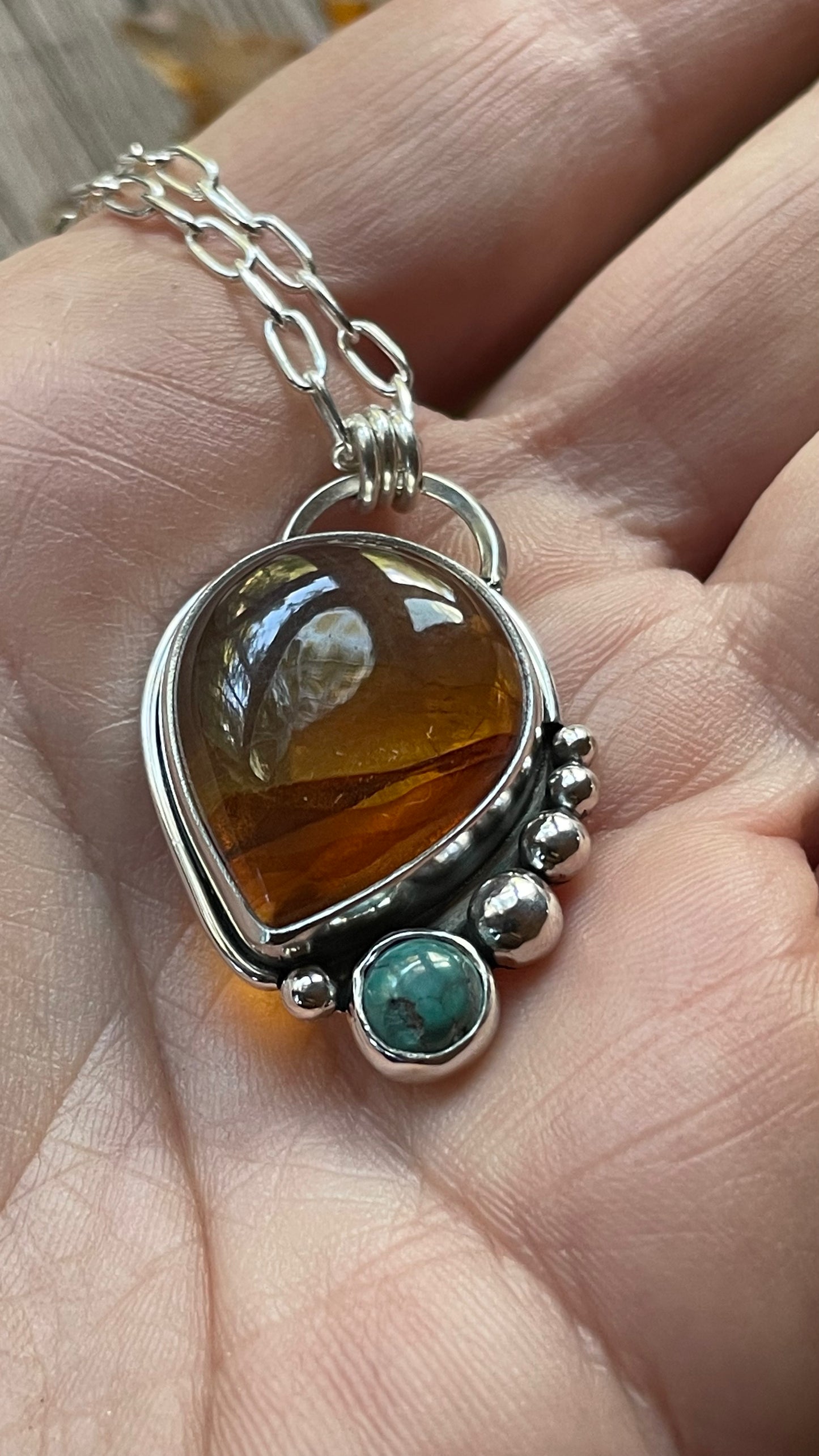 Amber & Turquoise Sterling Silver .925 Pendant Necklace