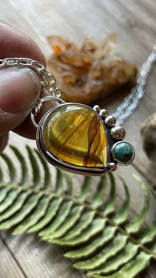 Amber & Turquoise Sterling Silver .925 Pendant Necklace