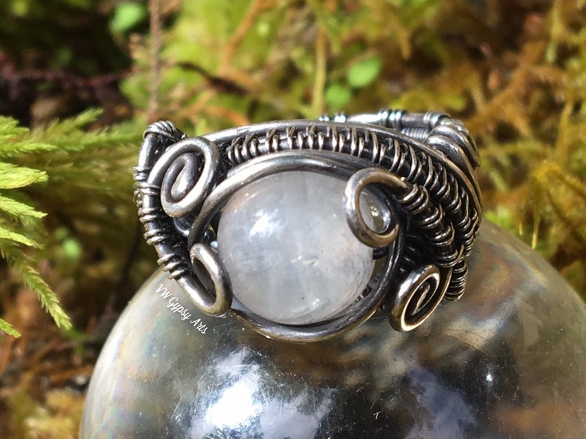 Moonstone Classic Style Woven Wire Bead Ring Sterling 925 Silver Size