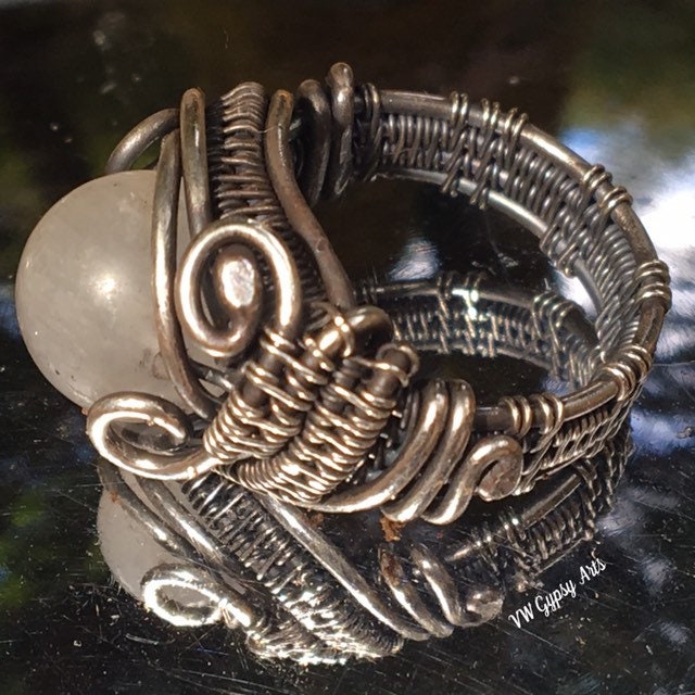 Moonstone Classic Style Woven Wire Bead Ring Sterling 925 Silver Size