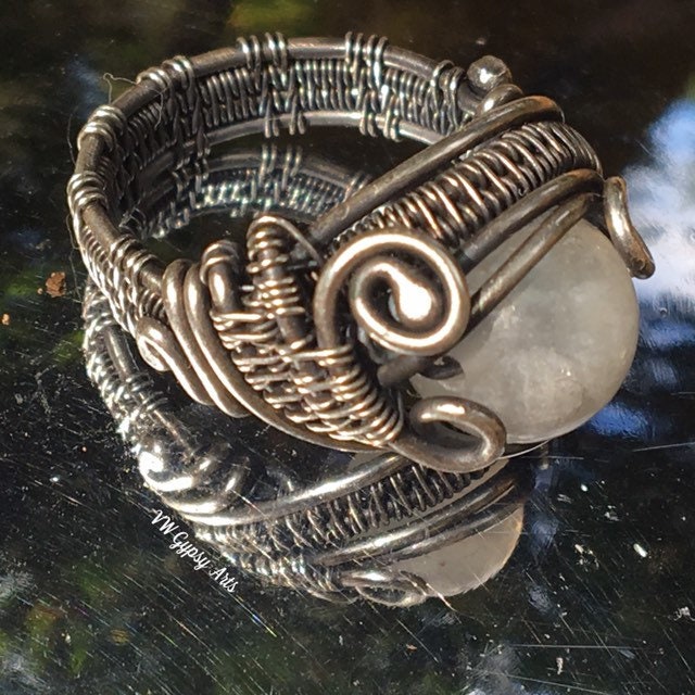 Moonstone Classic Style Woven Wire Bead Ring Sterling 925 Silver Size