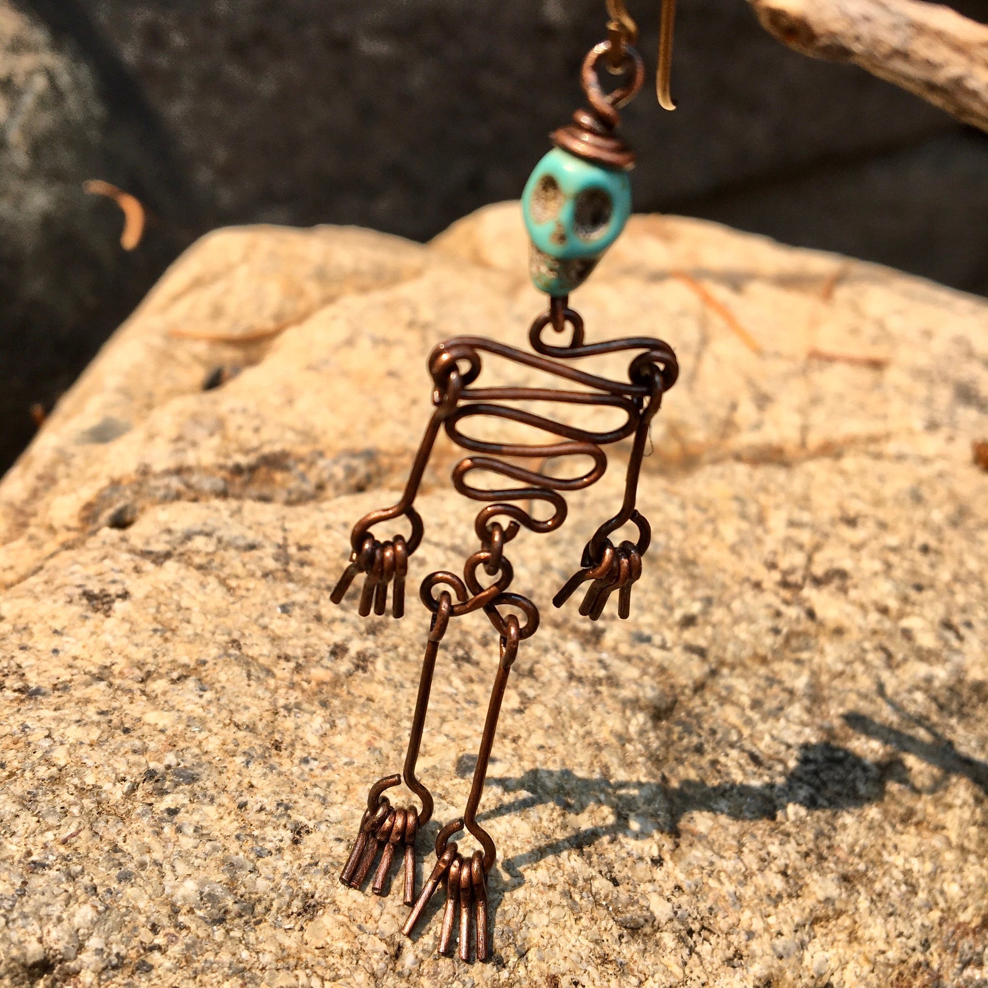 Dancing Skeleton Articulated Earrings Sterling Silver & Copper w Skull Beads