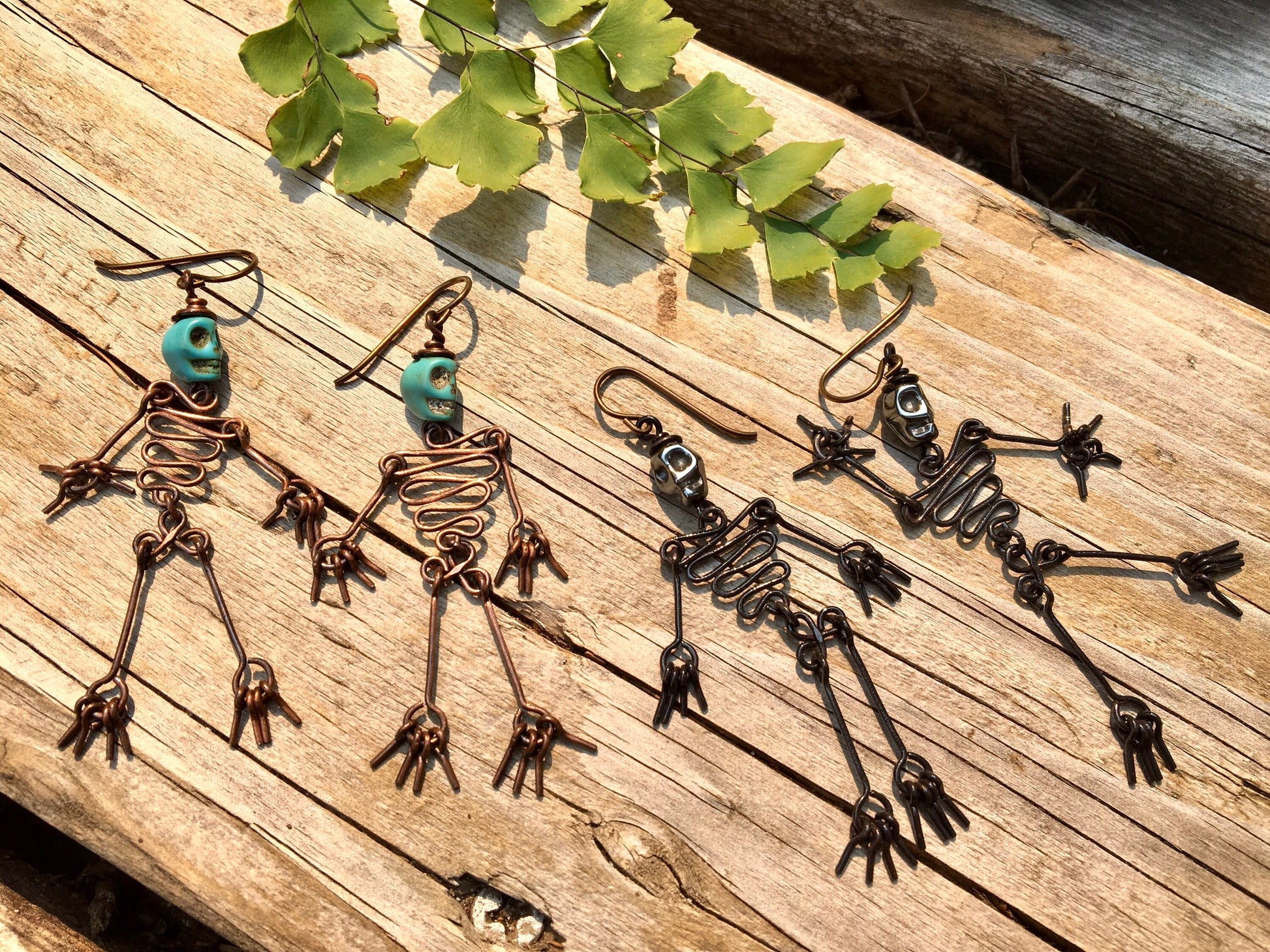 Dancing Skeleton Articulated Earrings Sterling Silver & Copper w Skull Beads