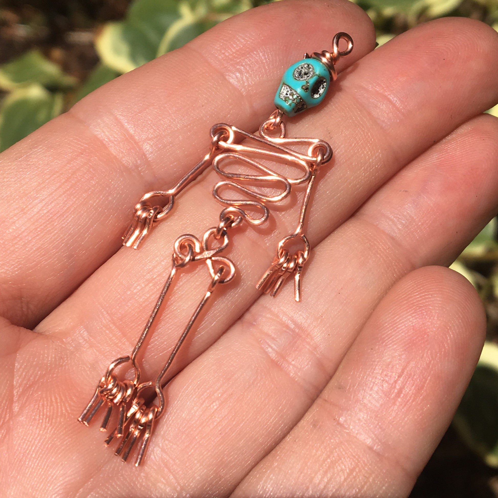 Dancing Skeleton Articulated Earrings Sterling Silver & Copper w Skull Beads