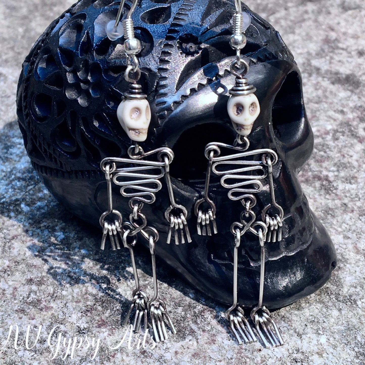 Dancing Skeleton Articulated Earrings Sterling Silver & Copper w Skull Beads