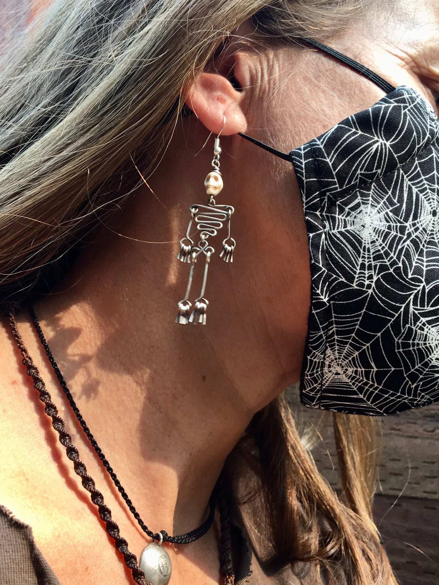 Dancing Skeleton Articulated Earrings Sterling Silver & Copper w Skull Beads