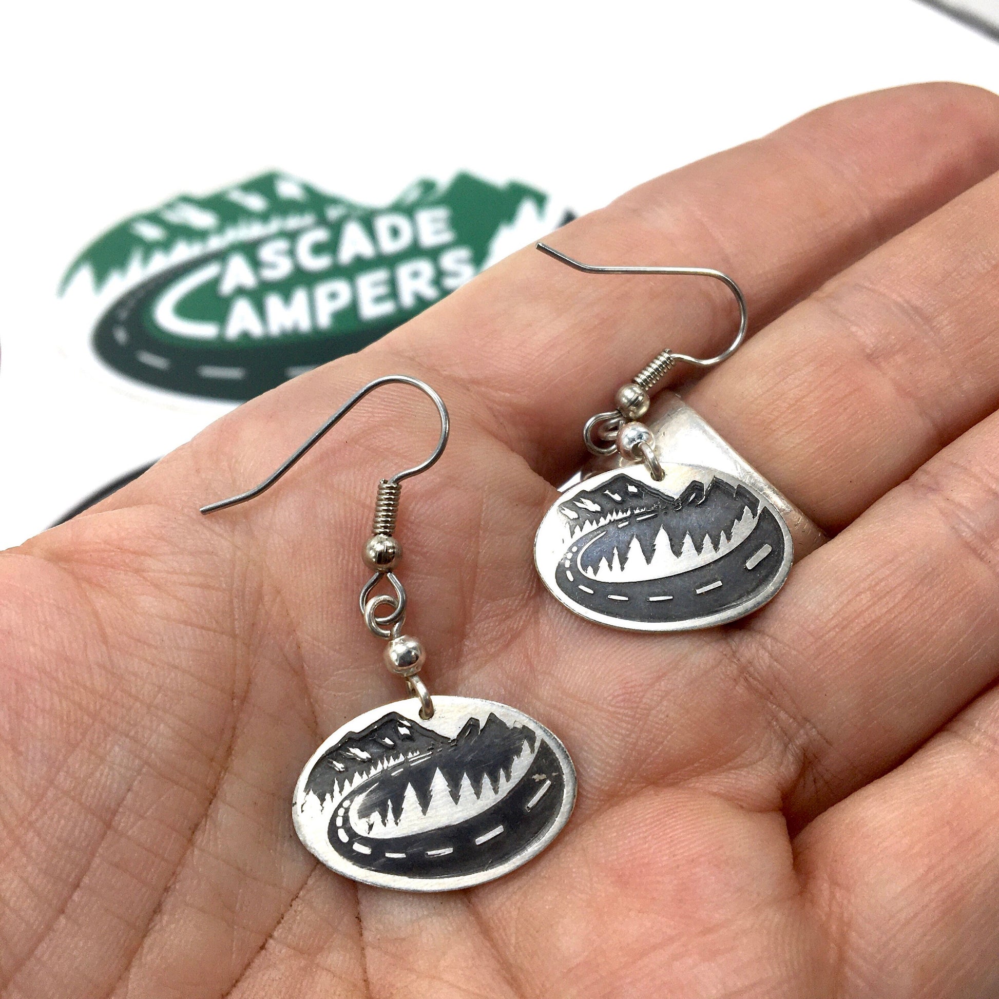 Cascade Campers Sterling Silver Earrings Hand Stamped Surgical Steel Hooks