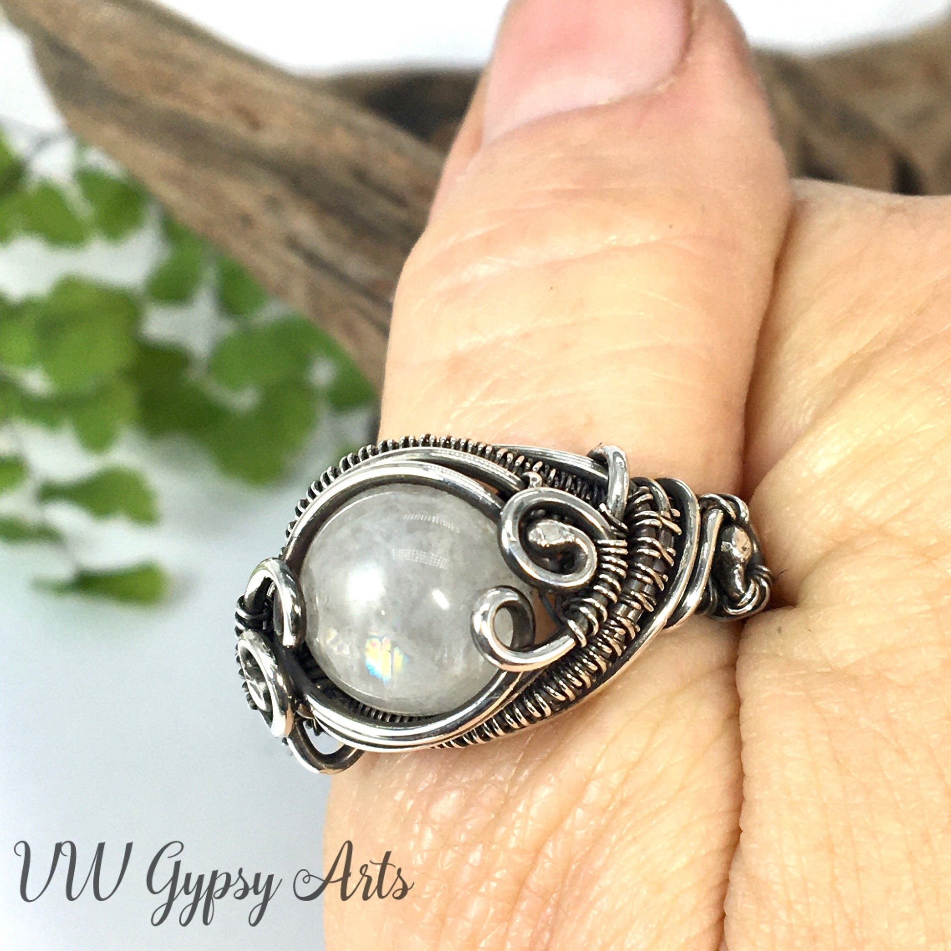 Moonstone Classic Style Woven Wire Bead Ring Sterling 925 Silver Size