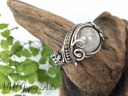 Moonstone Classic Style Woven Wire Bead Ring Sterling 925 Silver Size