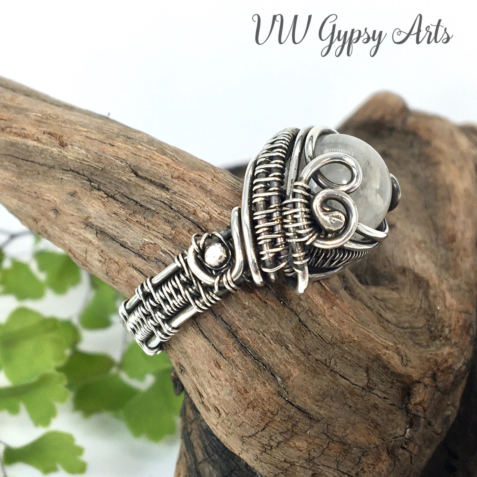 Moonstone Classic Style Woven Wire Bead Ring Sterling 925 Silver Size