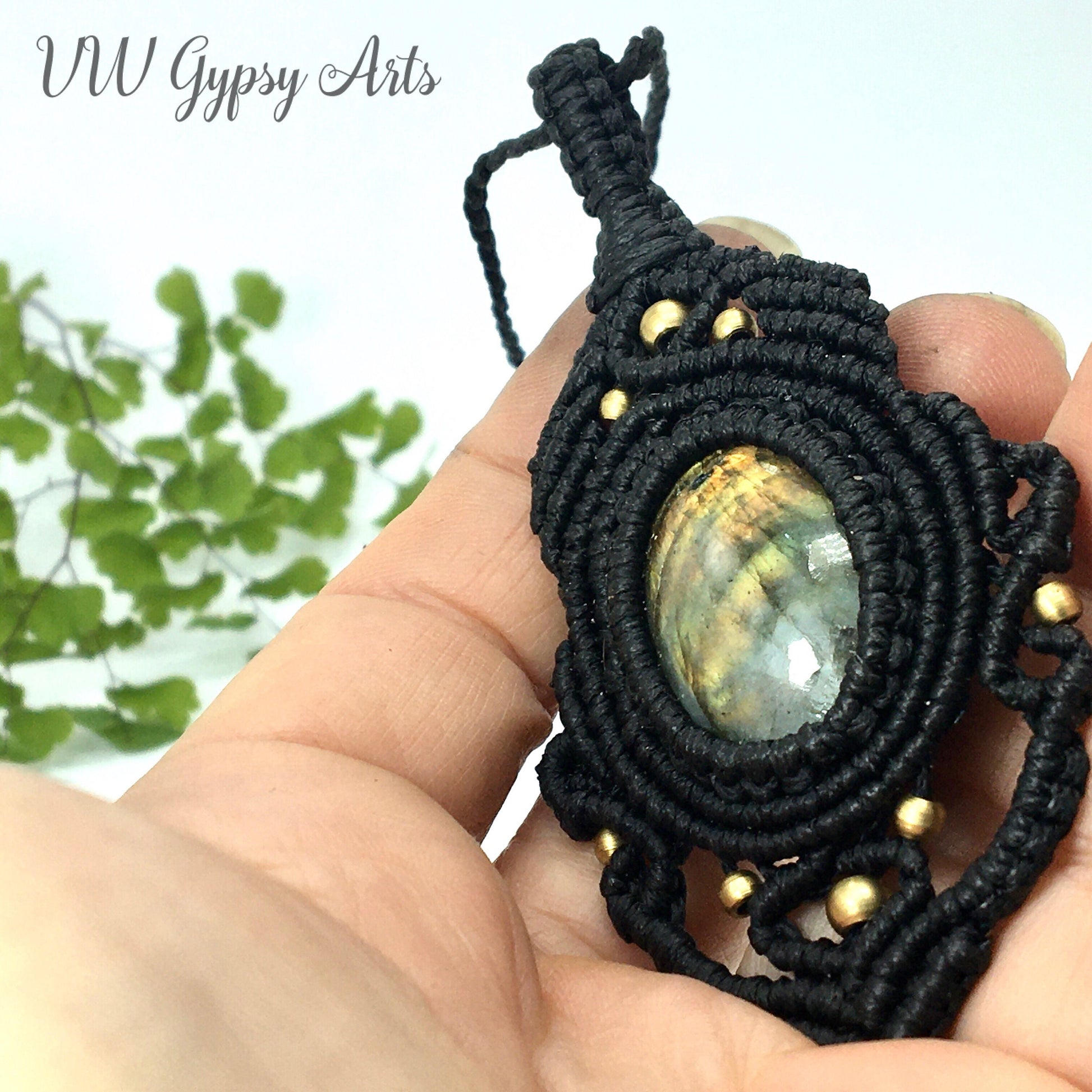 Labradorite & Black Macrame Pendant Necklace #3