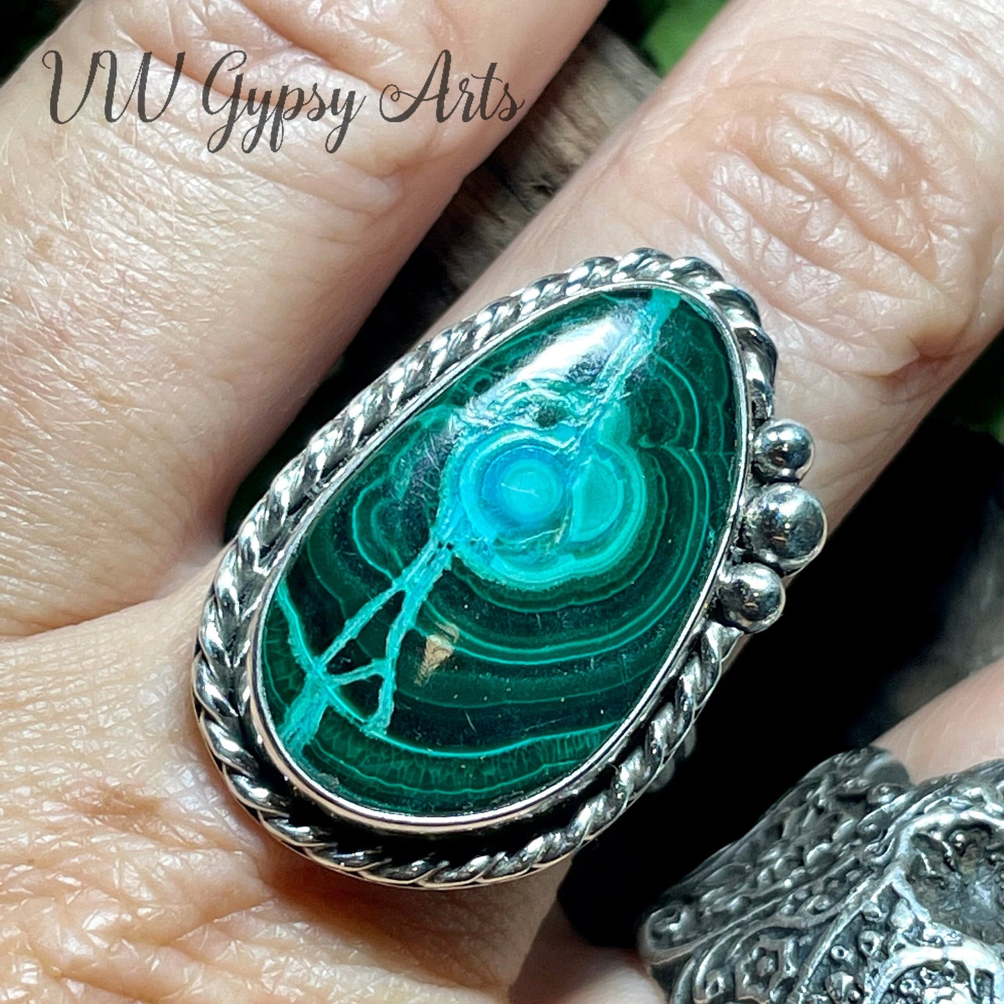 Malachite Sterling Silver Ring Size 8.5