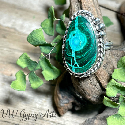 Malachite Sterling Silver Ring Size 8.5