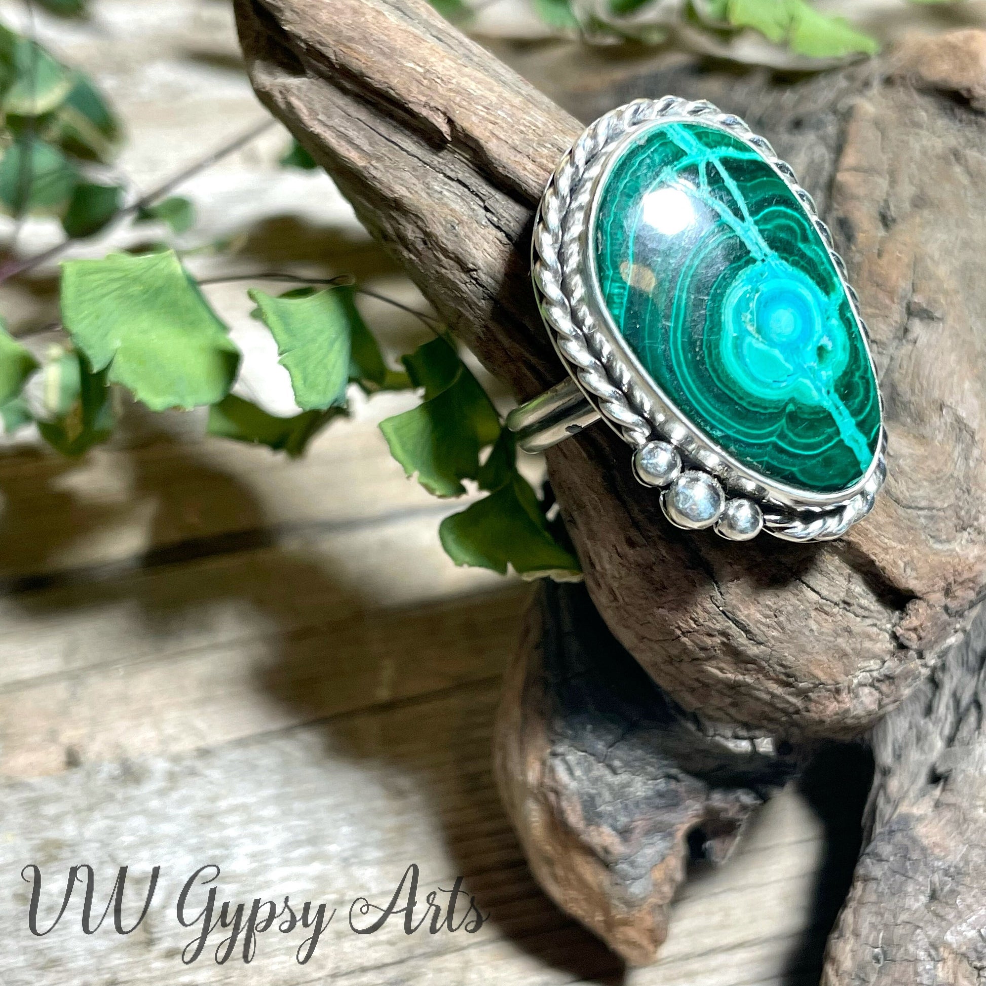 Malachite Sterling Silver Ring Size 8.5