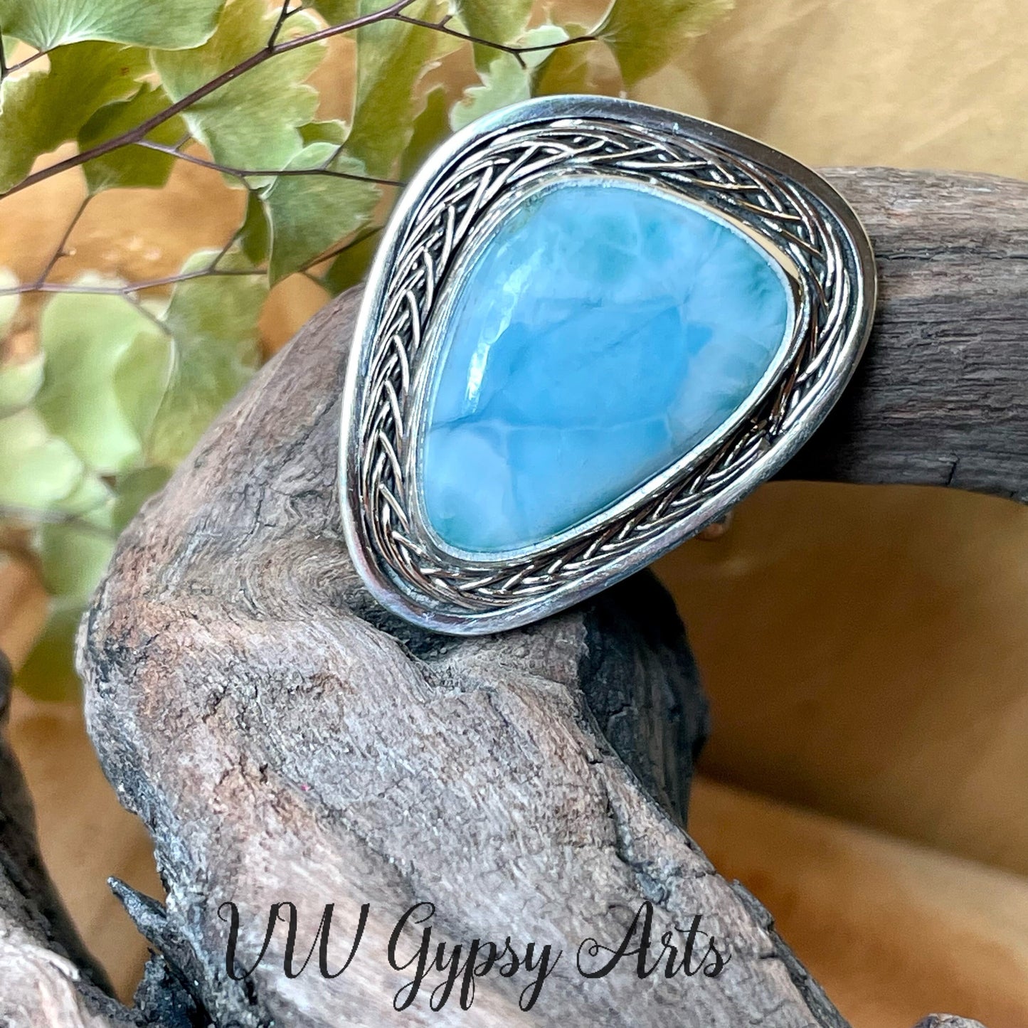 Larimar Sterling Silver w Copper Braid Ring Size 10.5