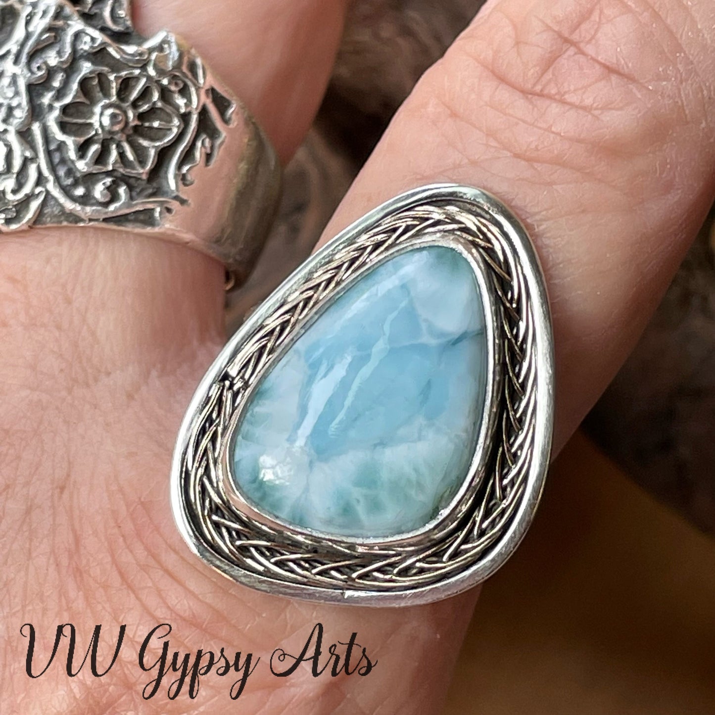 Larimar Sterling Silver w Copper Braid Ring Size 10.5