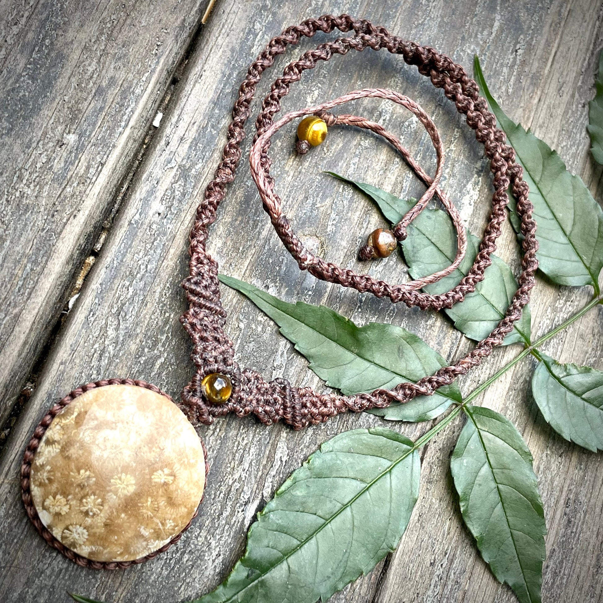 Fossilized Coral & Brown Macrame Pendant Adjustable Necklace