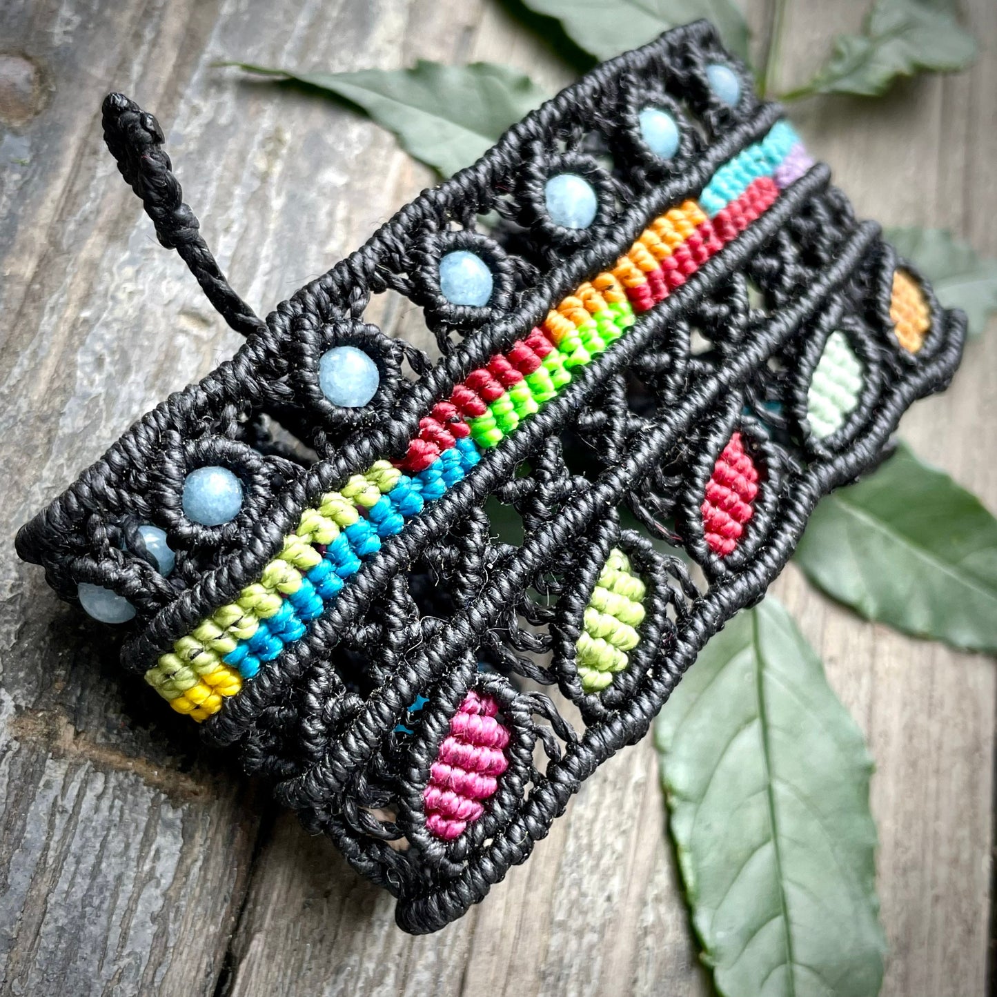 Rainbow Macrame & Blue Onyx Bracelet Adjustable