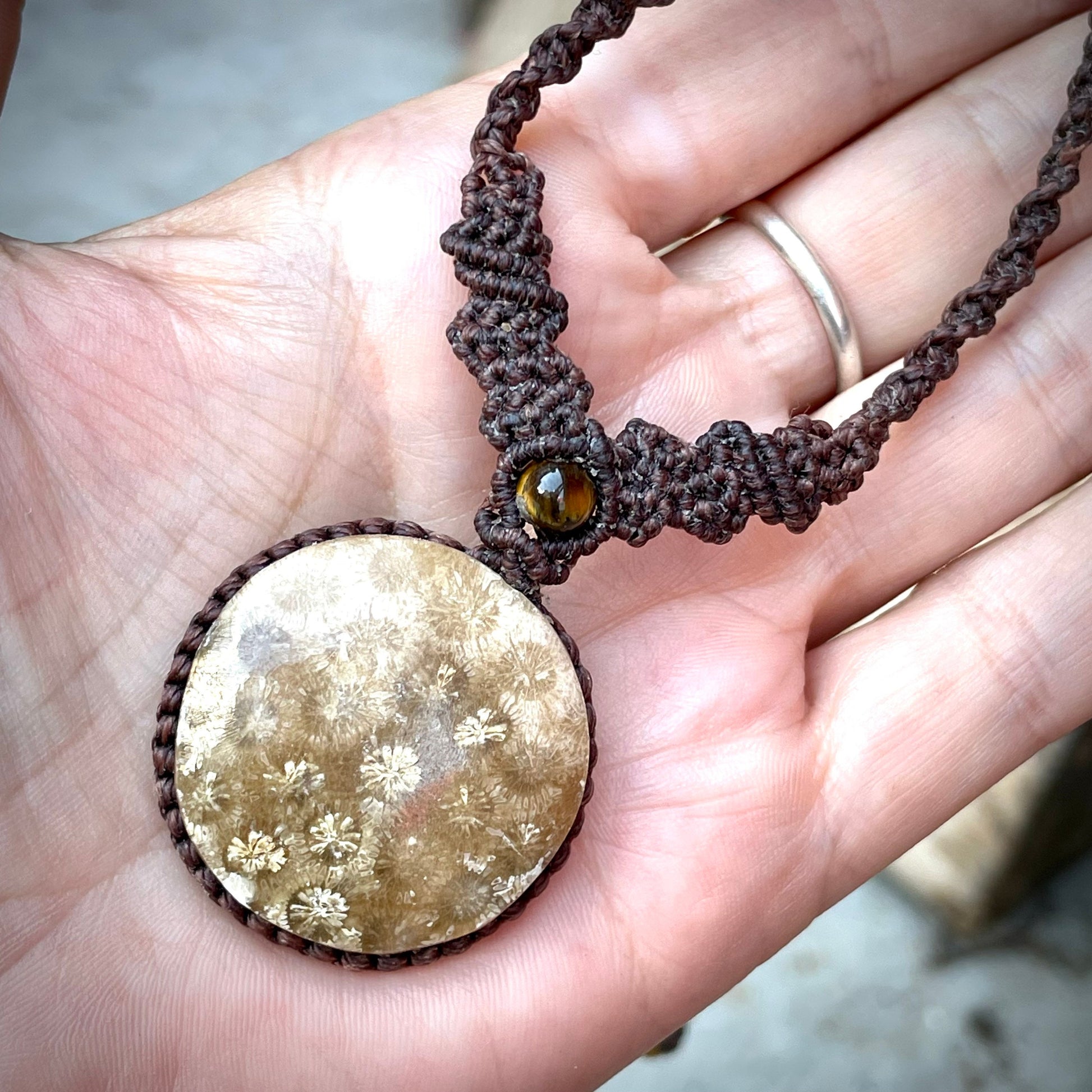 Fossilized Coral & Brown Macrame Pendant Adjustable Necklace