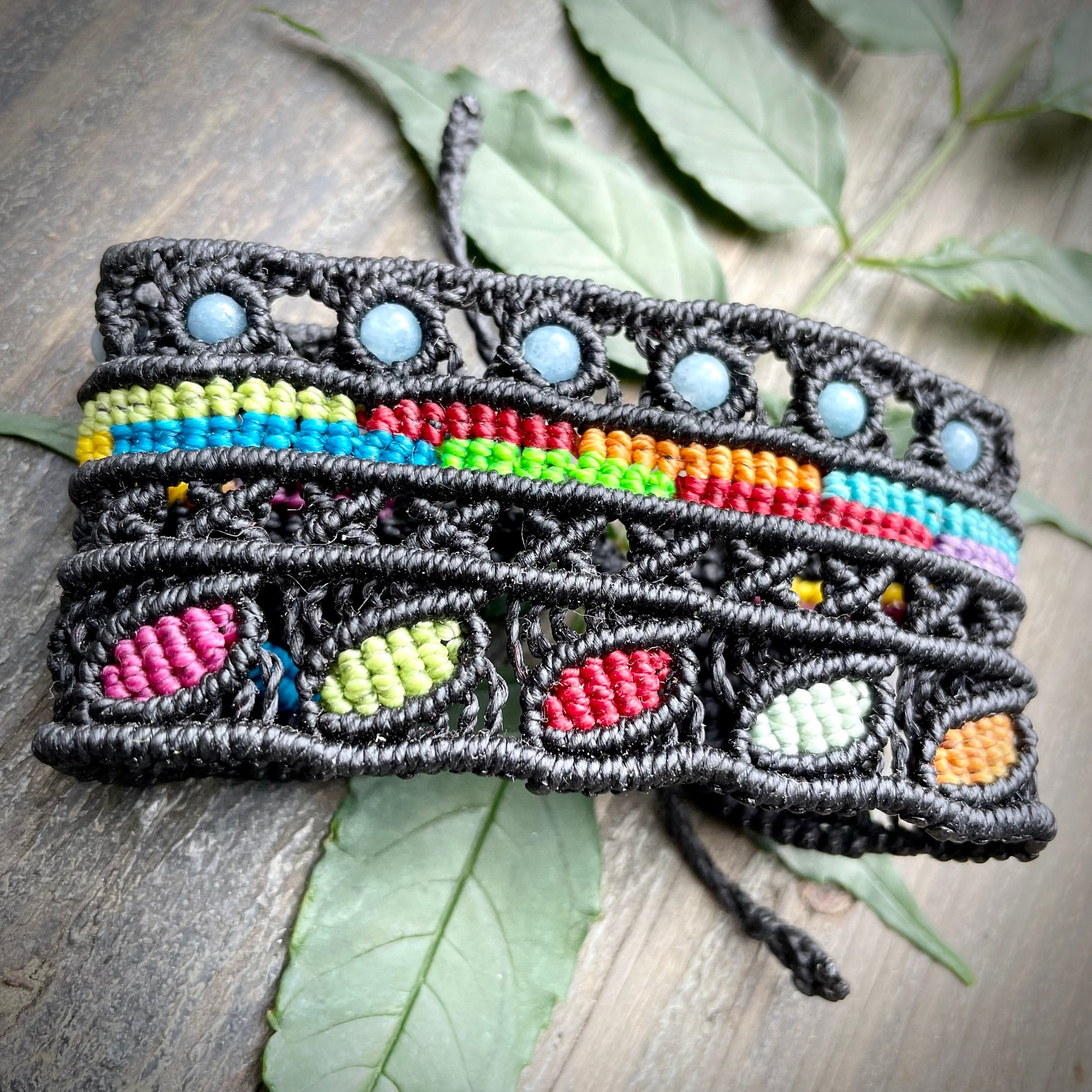 Rainbow Macrame & Blue Onyx Bracelet Adjustable