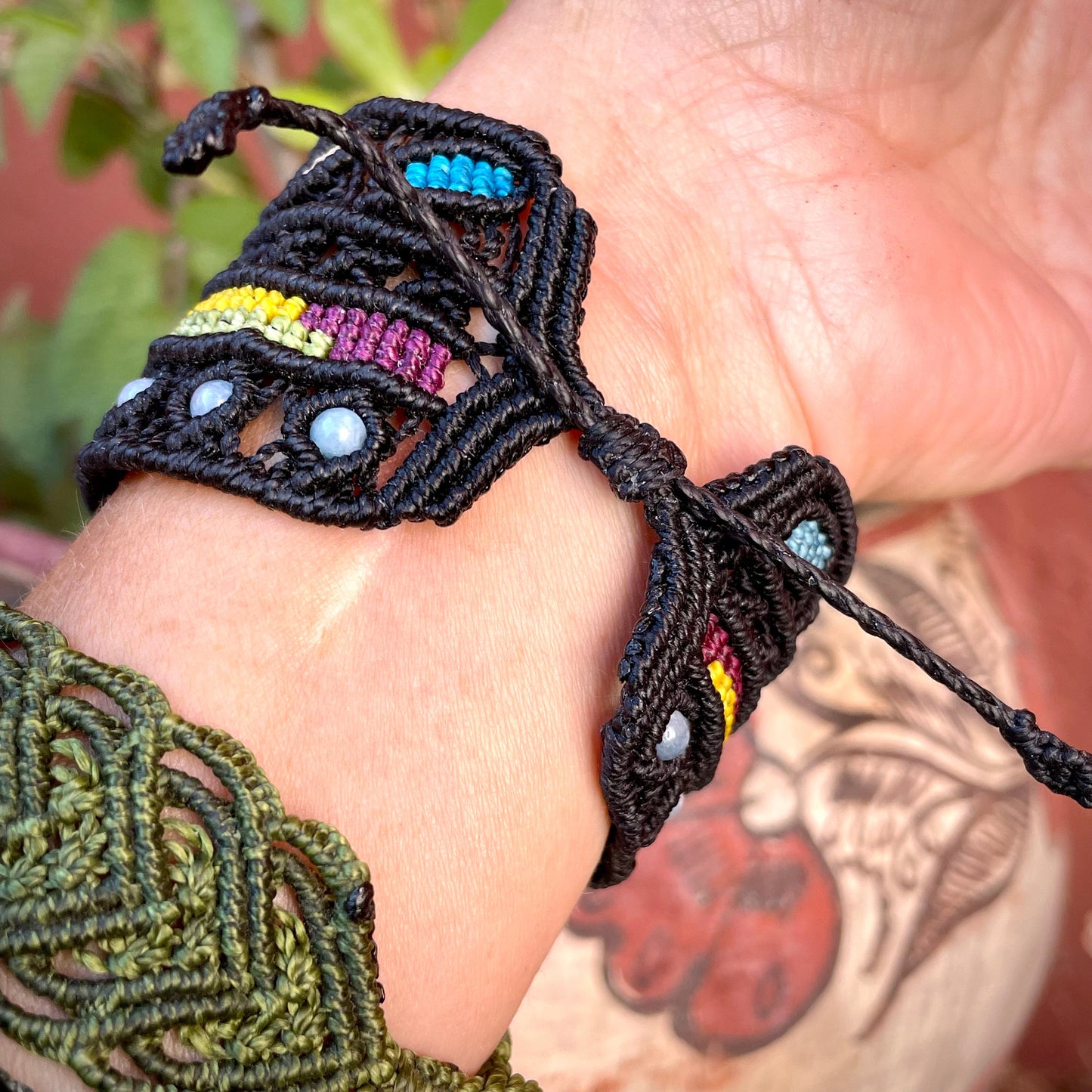 Rainbow Macrame & Blue Onyx Bracelet Adjustable