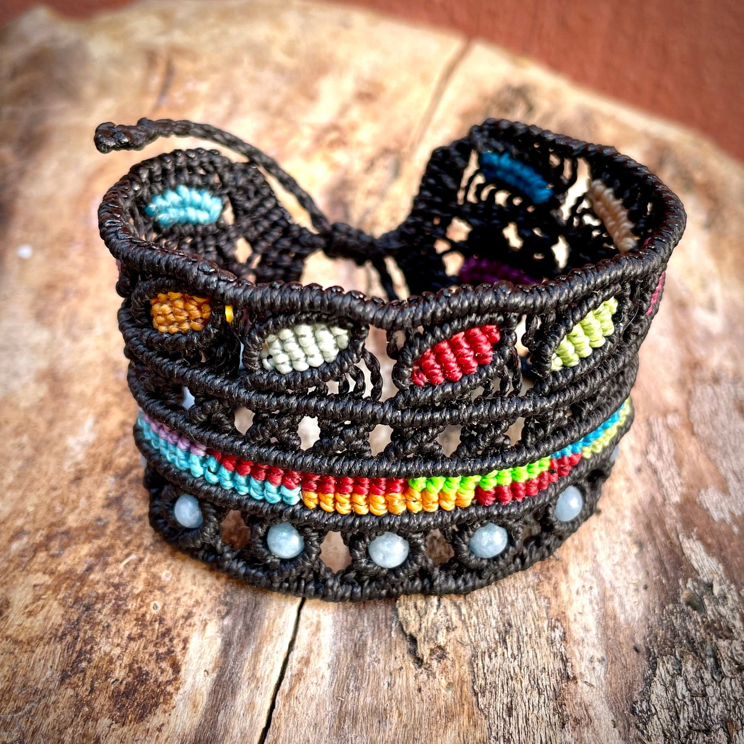 Rainbow Macrame & Blue Onyx Bracelet Adjustable