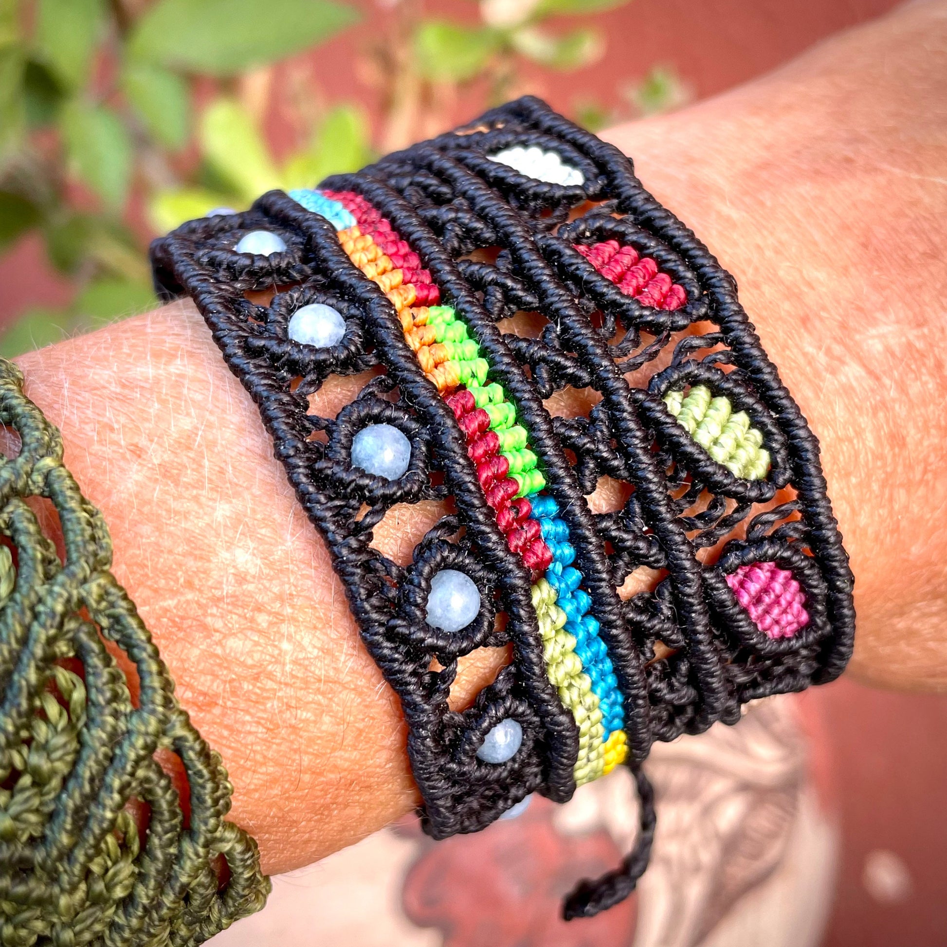 Rainbow Macrame & Blue Onyx Bracelet Adjustable