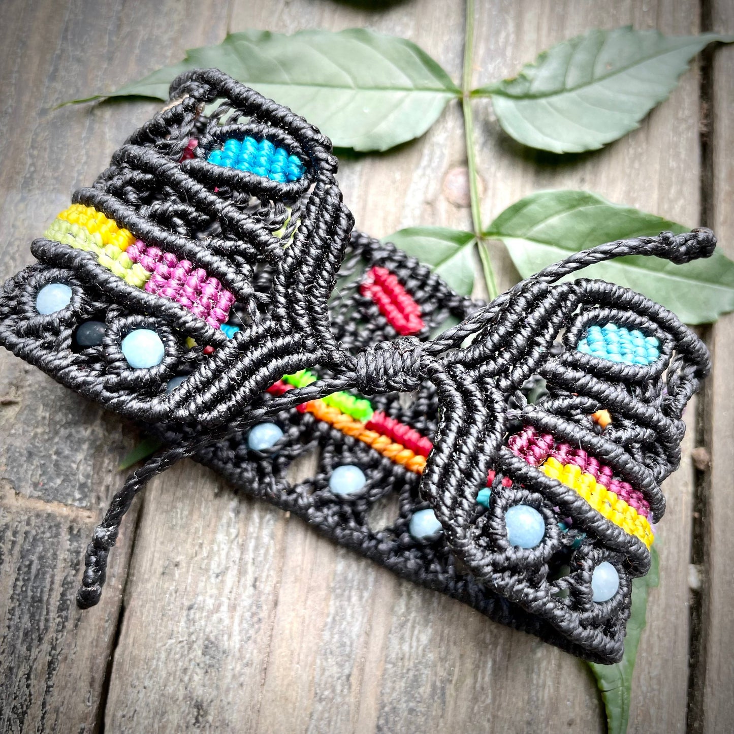 Rainbow Macrame & Blue Onyx Bracelet Adjustable