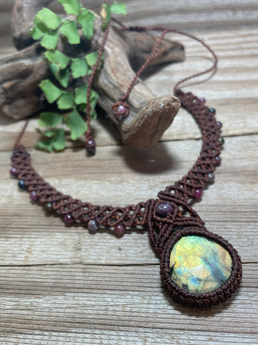 Labradorite & Rainbow Tourmaline Brown Macrame Collar Necklace