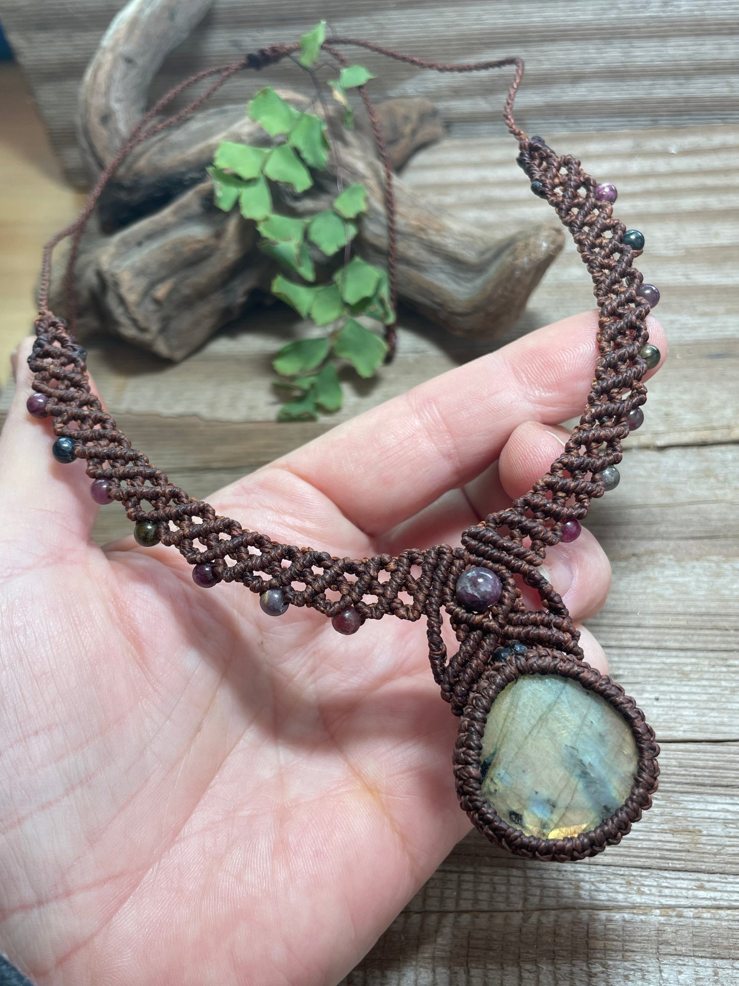 Labradorite & Rainbow Tourmaline Brown Macrame Collar Necklace