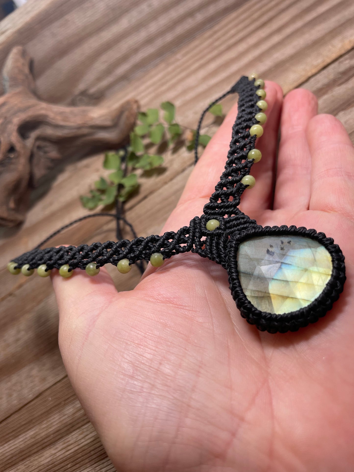 Labradorite & Serpentine Black Macrame Collar Necklace