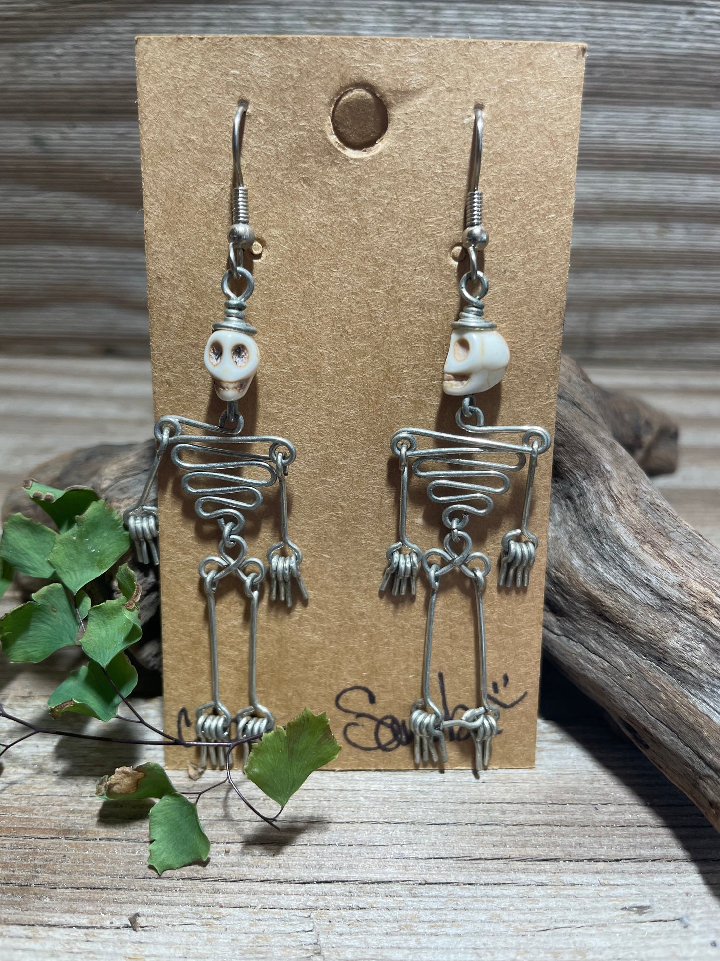 Dancing Skeleton Articulated Earrings Sterling Silver & Copper w Skull Beads