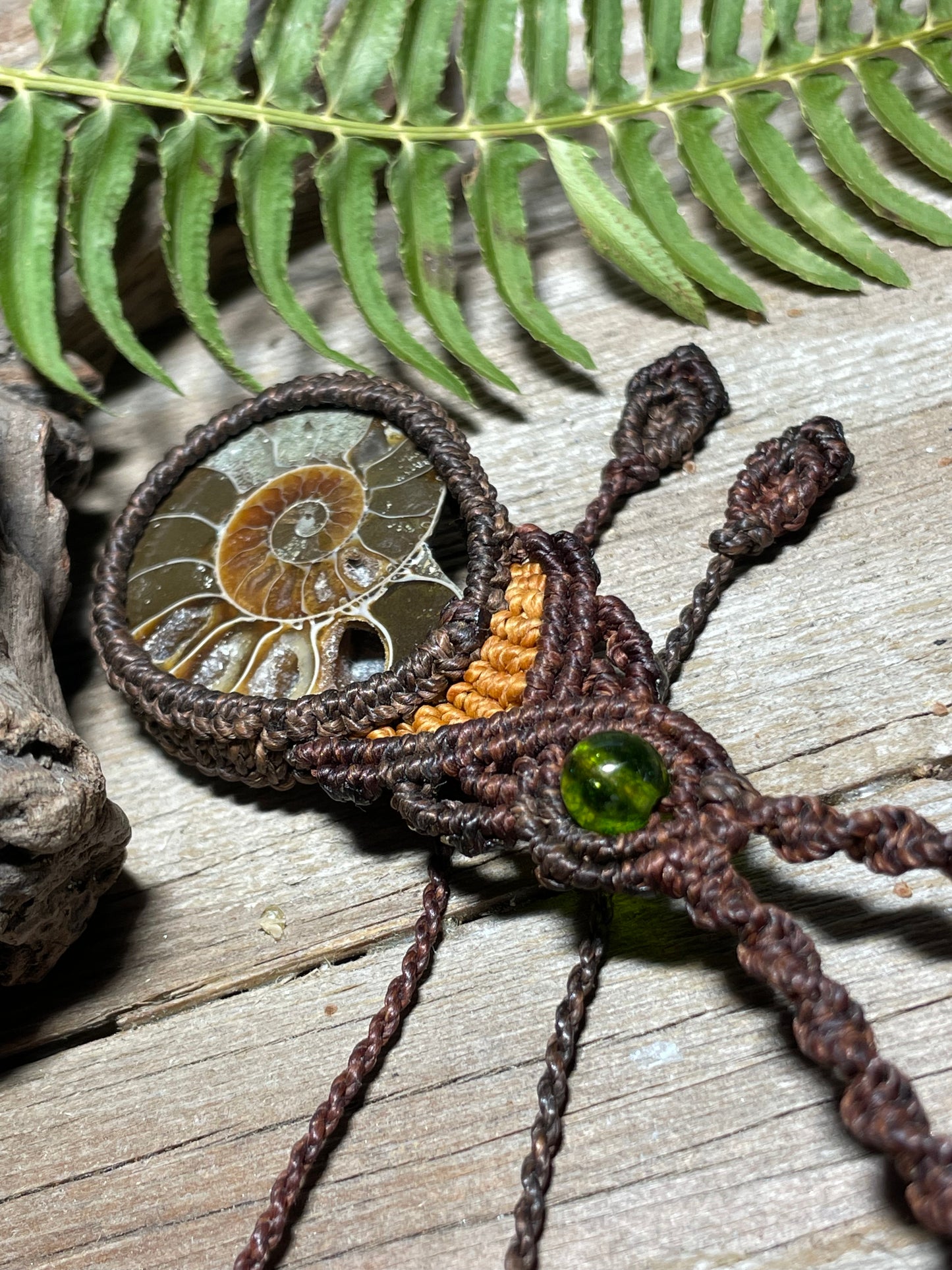Ammonite & Peridot Brown Macrame Necklace