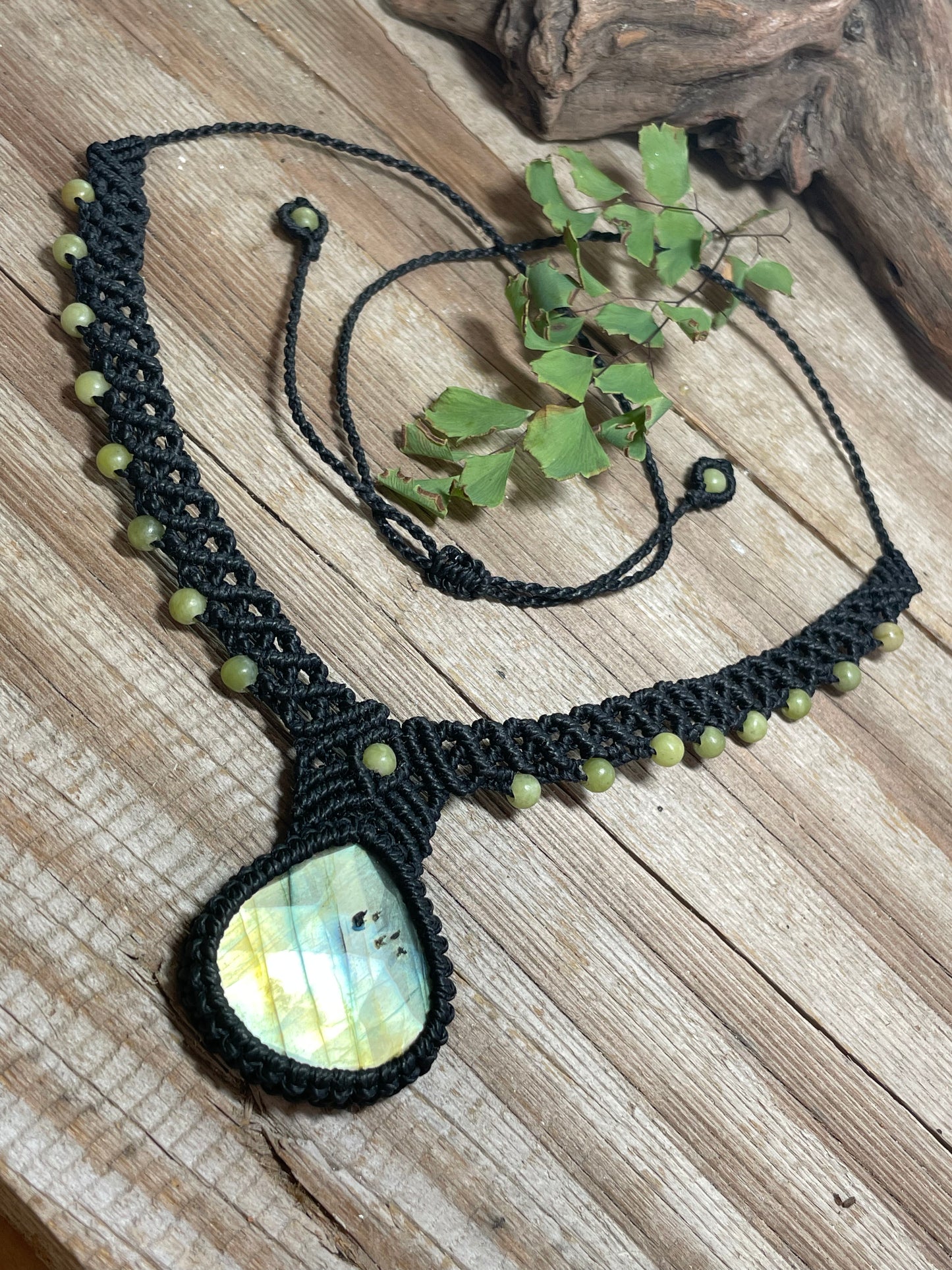 Labradorite & Serpentine Black Macrame Collar Necklace