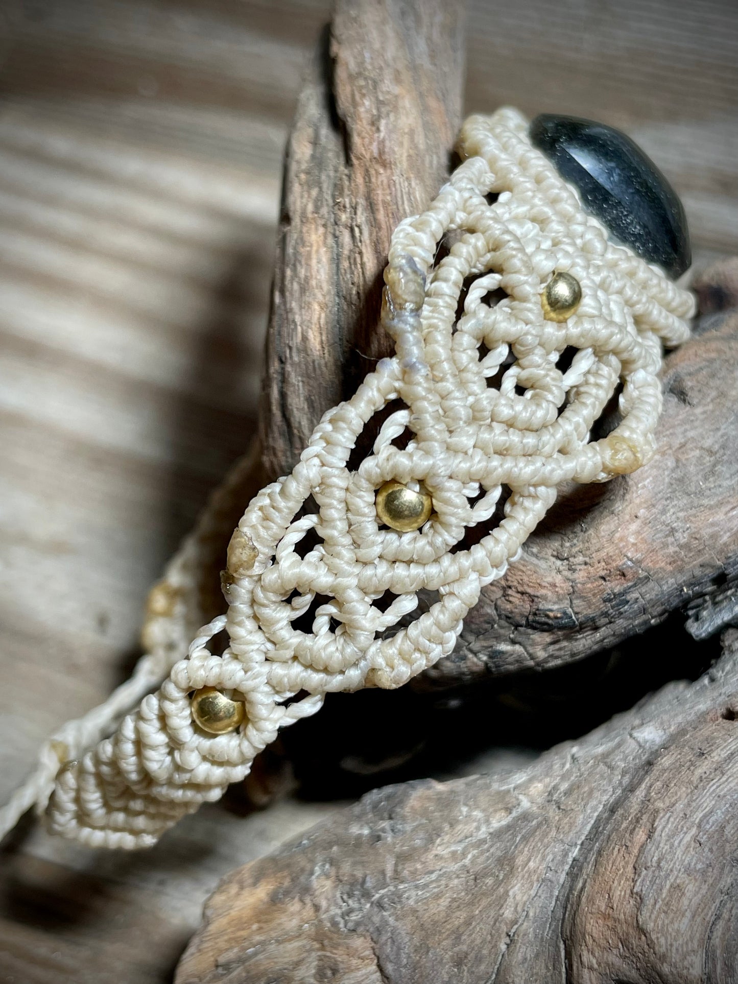 Gold Sheen Obsidian Cream Macrame Bracelet