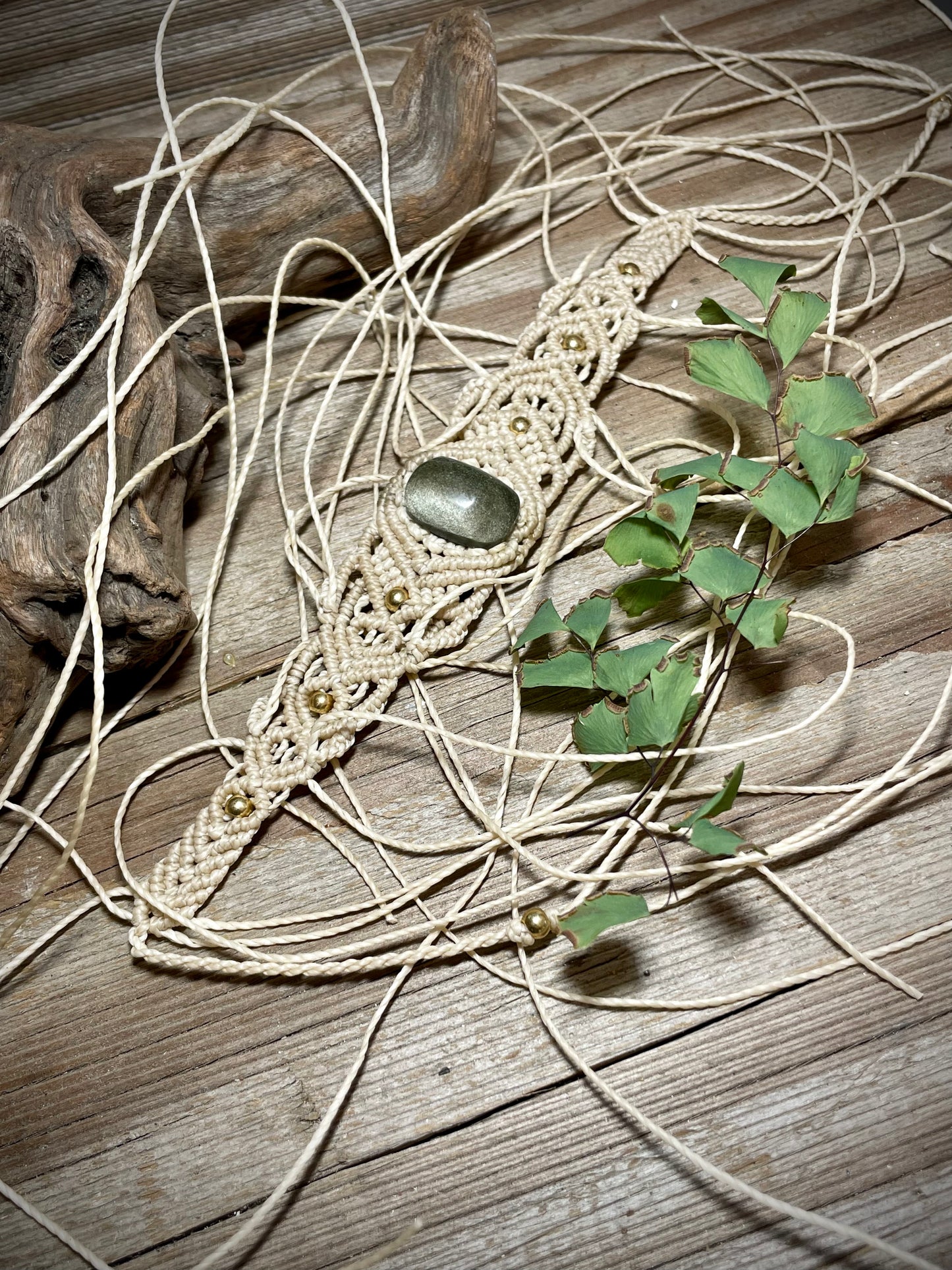 Gold Sheen Obsidian Cream Macrame Bracelet