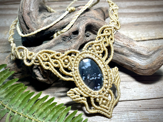 Snowflake Obsidian Macrame Necklace