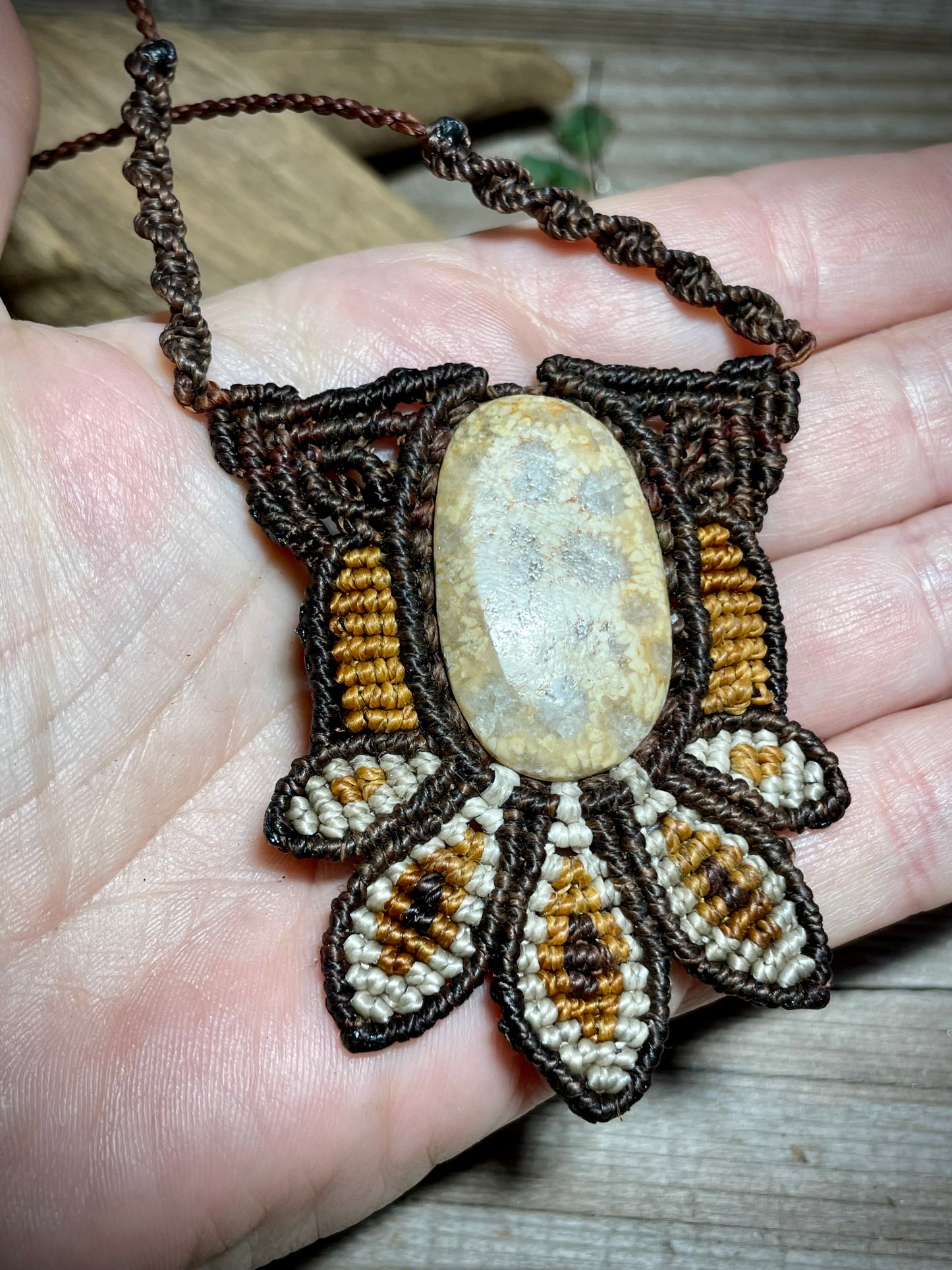 Fossilized Coral Lotus Macrame Necklace