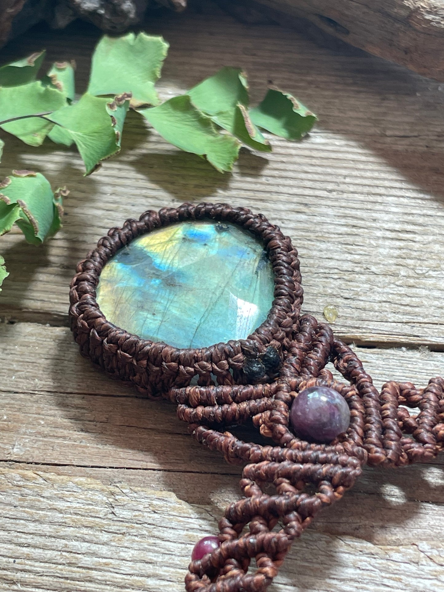 Labradorite & Rainbow Tourmaline Brown Macrame Collar Necklace