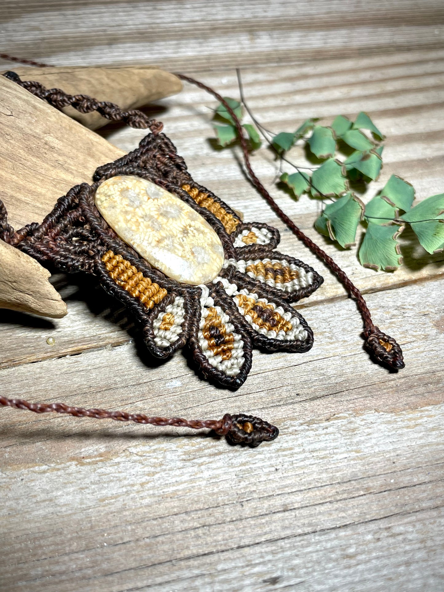 Fossilized Coral Lotus Macrame Necklace